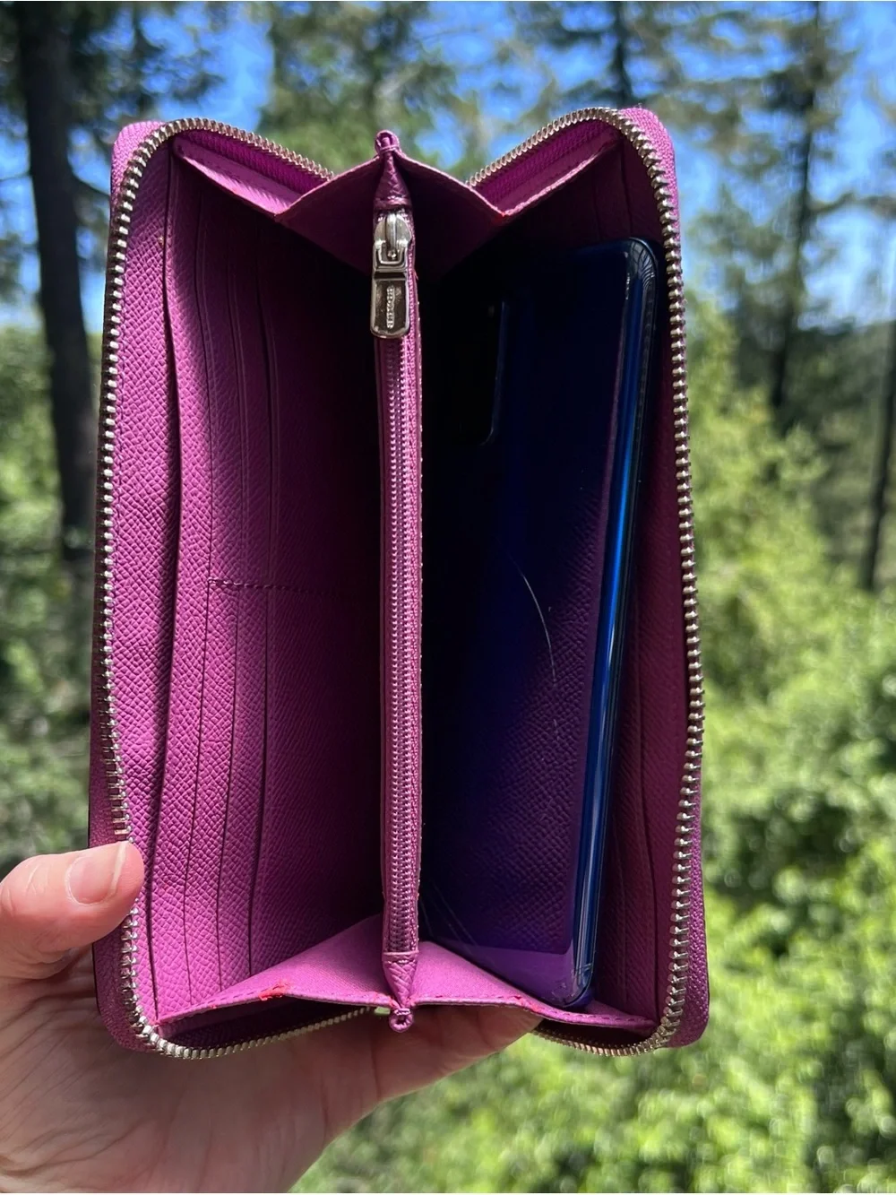 COACH Long Zip-Around Wallet Purple Crossgrain Leather w Gunmetal Hardware
